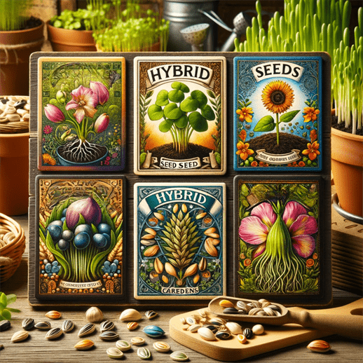 Variety of heritage and hybrid seed packets and young plants, symbolizing the richness of choosing different seed types for gardening.