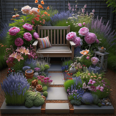 A cozy section of 'Blossom Haven' with peonies, lilies, lavender, and a garden bench, encapsulating a personal floral haven.