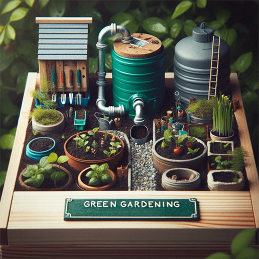 Close-up of sustainable gardening with a compost bin, rainwater system, and plants in recycled materials, highlighting green gardening practices.
