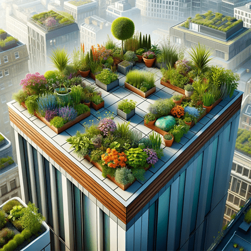 Close-up view of a vibrant rooftop garden section with container plants, small water feature, and garden art, embodying 'Elevated Eden'.