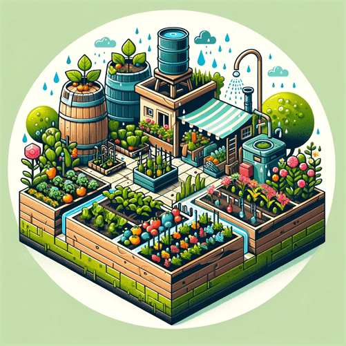 Compact urban garden with water-saving methods like rain barrels and mulching, featuring vegetables and drought-tolerant flowers.

