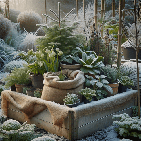 Close-up of a winter garden section with evergreens, hellebores, burlap wraps, and an insulated planting box, illustrating effective cold climate gardening.