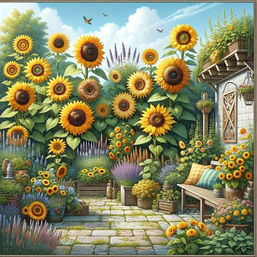 Square view of a lively sunflower garden with different sunflowers in full bloom, surrounded by colorful marigolds, lavender, and salvia, adorned with a wooden bench, garden sculptures, and a stone path