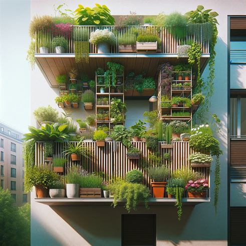 Close-up view of a balcony garden with potted herbs, flowering plants, and a vertical garden structure, showcasing urban gardening creativity.