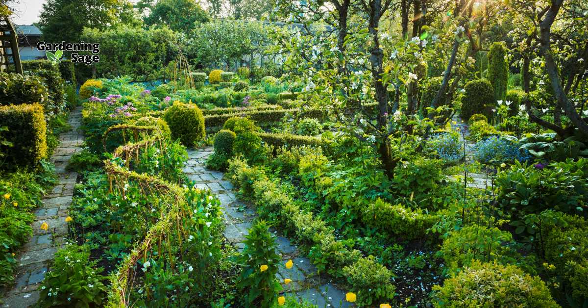 A garden transformed into a layered oasis, featuring a variety of plants and structures that create depth and visual interest