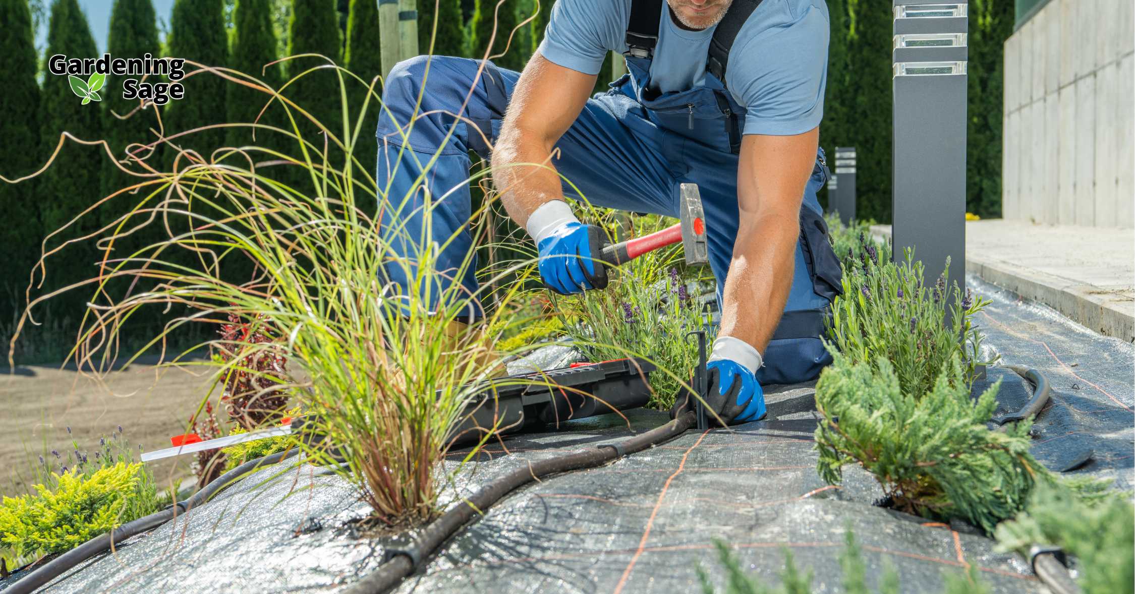 Gardener installing an efficient irrigation system in a garden, demonstrating smart water-wise gardening techniques to conserve water while maintaining plant health.