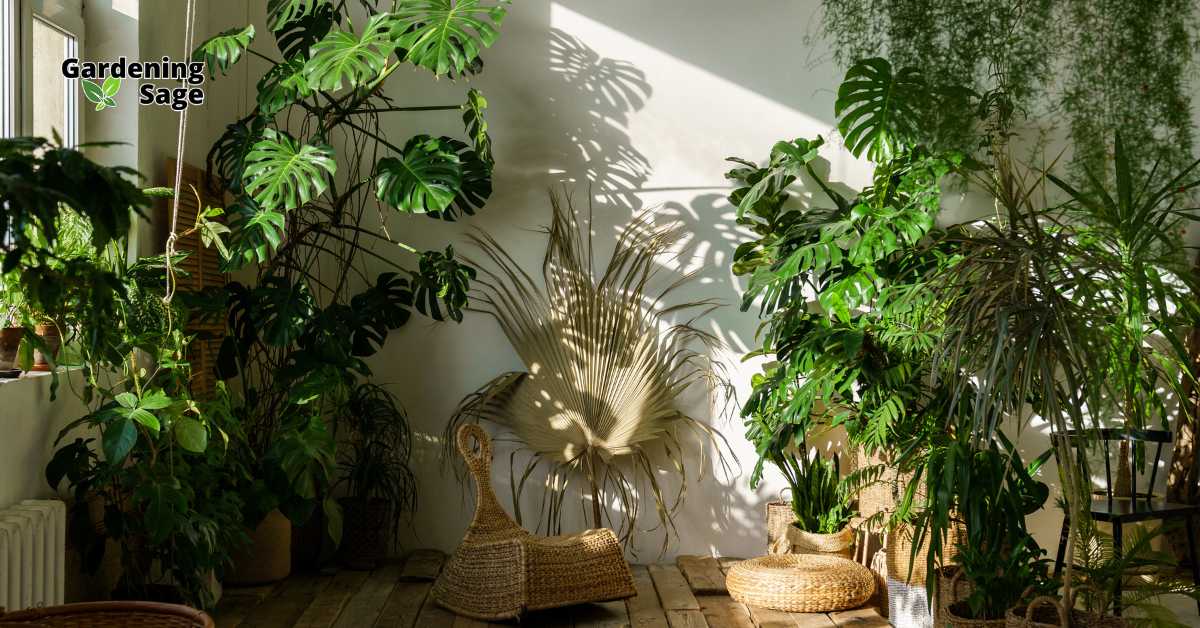 This image captures a serene indoor garden, creating a lush oasis with a variety of tropical plants like Monstera and Palm. The play of light through the foliage casts intriguing shadows on the walls, enhancing the room’s tranquil vibe. The inclusion of natural materials such as rattan chairs and woven baskets complements the greenery, emphasizing a natural, eco-friendly aesthetic. This space likely serves as a peaceful retreat within a home, perfect for relaxation and enjoying the beauty of nature indoors. It exemplifies how indoor gardens can not only beautify a living space but also improve air quality and boost one’s mood with their calming presence.