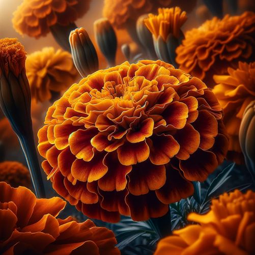 Detailed view of marigold flowers in various stages of bloom, capturing their rich colors and textures in a garden setting.


