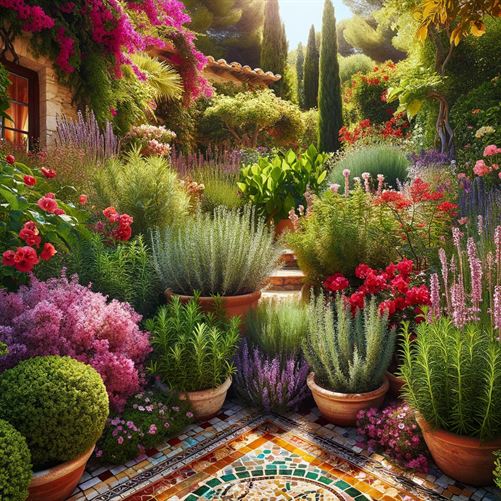 Close-up of a Mediterranean-style garden section with rosemary, thyme, bougainvillea, and a mosaic tile pathway, reflecting a vibrant, sunny atmosphere.

