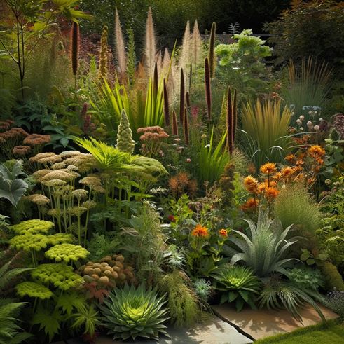 Close-up of a garden section featuring a variety of local flowering plants, shrubs, and grasses, part of 'Green Roots, Local Fruits', highlighting sustainable garden design with native species.