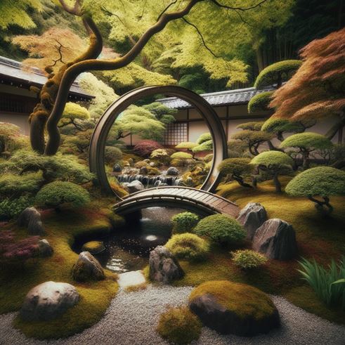 Close-up of a Japanese garden section with a Zen rock garden, arching bridge, maple trees, and azaleas, showcasing serene and mindful design.