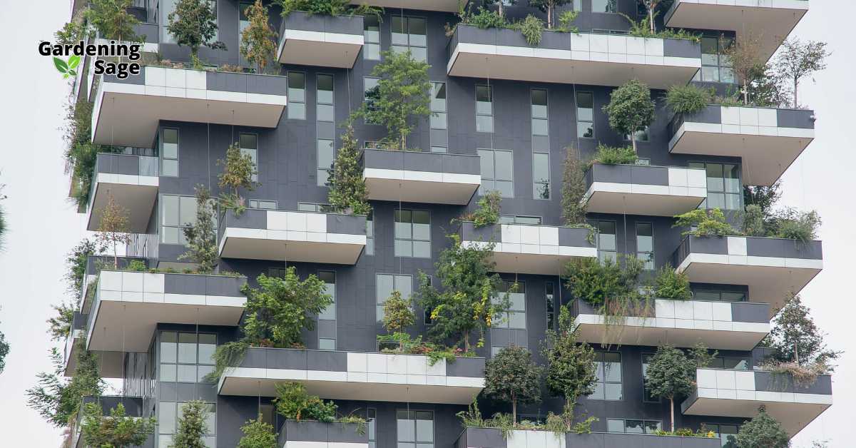 The image depicts a modern urban building with balconies adorned with lush green plants, illustrating a prime example of how balcony gardening can be integrated into contemporary architecture. This vertical gardening approach not only enhances the aesthetic appeal of urban structures but also contributes to the ecological health of the city by providing green spaces that help reduce air pollution and urban heat. Each balcony garden adds a personal touch of nature, creating private oases that bring the tranquility and biodiversity of a garden to residents living in densely populated areas. This showcases the potential for urban areas to be transformed into greener, more sustainable environments through innovative gardening practices.