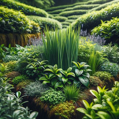 Detailed view of a tea garden with lemongrass, lavender, peppermint, illustrating the diversity and beauty of tea cultivation.
