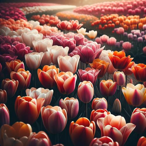 Close-up view of a tulip garden with a stunning array of tulips in full bloom, celebrating their vivid colors and graceful forms.