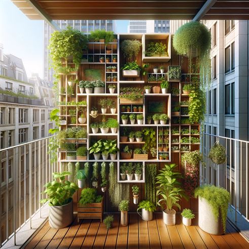 Compact urban vertical garden with a trellis, herb pots on vertical shelving, and hanging planters, showcasing efficient use of limited space.