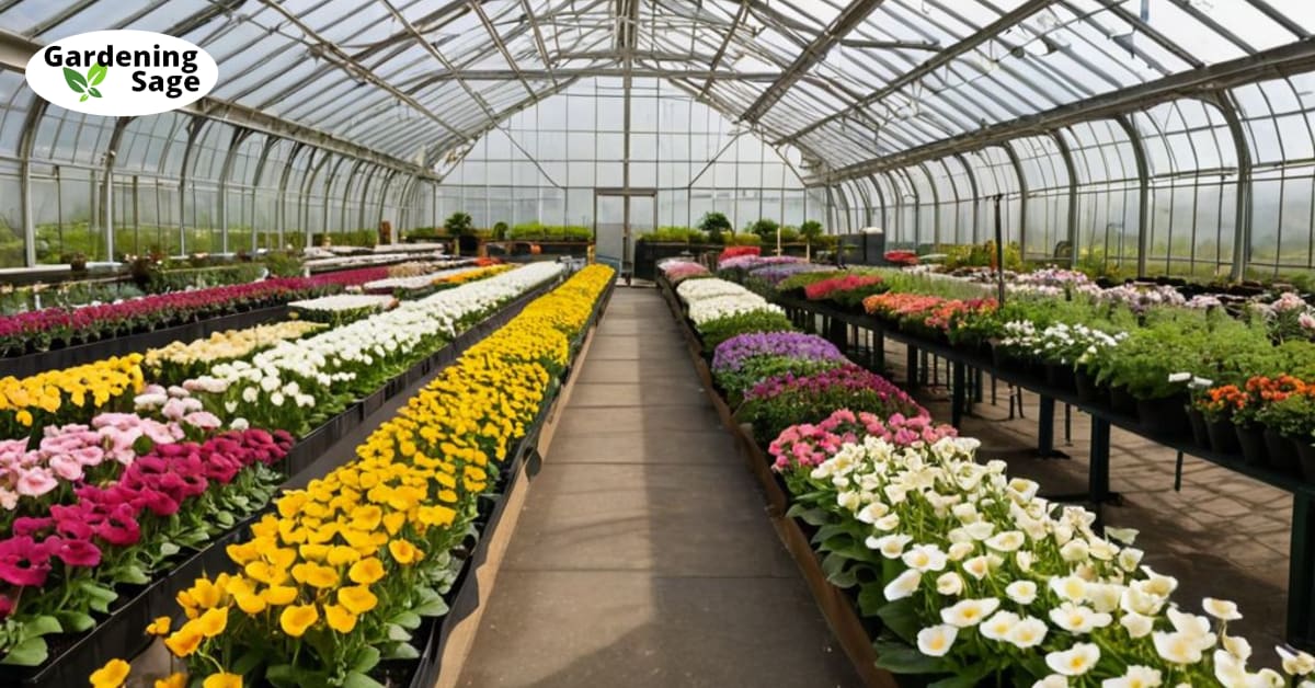 Colorful blooms in Country Gardens Nursery greenhouse with gardening supplies near exit.