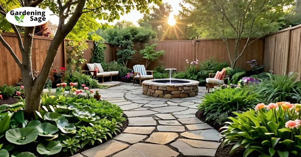 Sunset-lit courtyard garden with lush plants, flowers, stone paths, and a fountain amidst cozy seating.