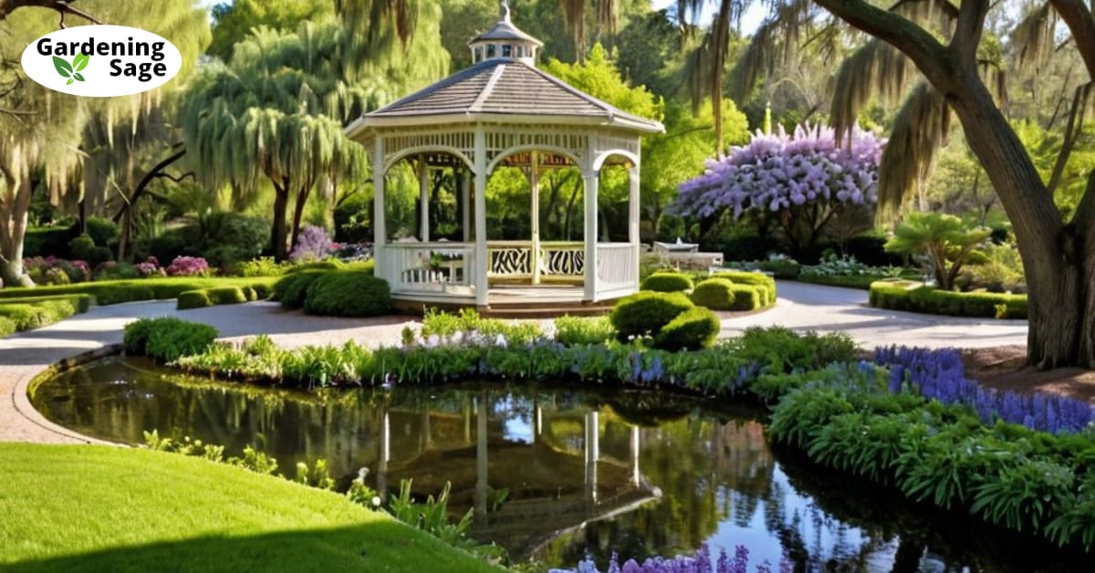 Cypress Gardens photo of a sunlit path with flowering shrubs leading to a gazebo displaying gardening tools.