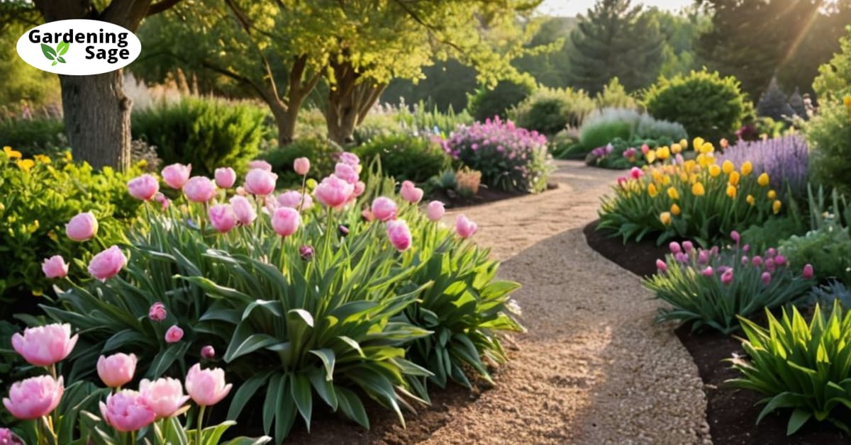 Windswept French prairie garden with lavender, peonies, tulips, and a gravel path under soft, glowing light.