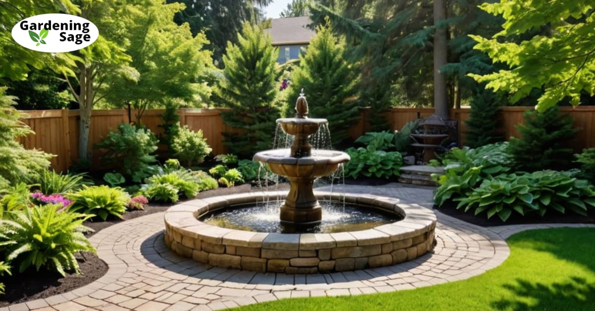 Tranquil backyard landscape with lush gardens, stone paths, and a bubbling water feature, bathed in sunlight.