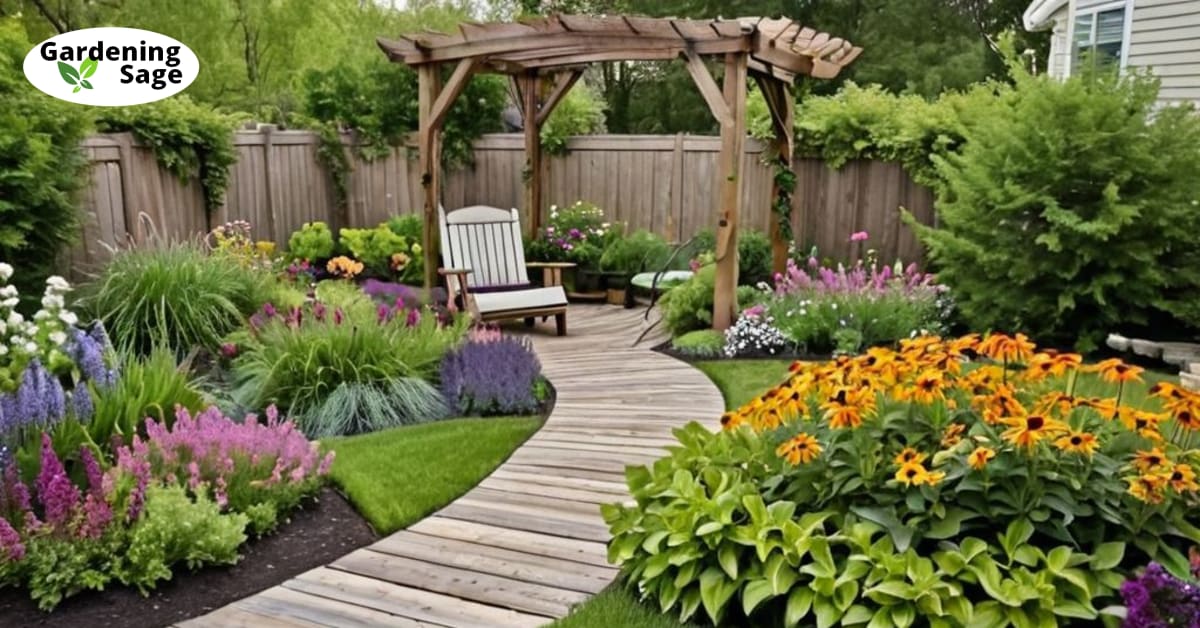 Suburban garden with DIY path, repurposed wheelbarrow planter, and wisteria arbor showcasing cheap landscaping ideas.