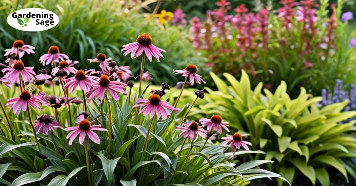 Vibrant perennial flower garden with pink coneflowers, black-eyed susans, and coral bells in morning light.