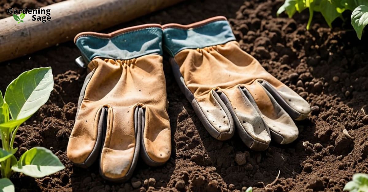 Well-worn leather gardening gloves on soil, highlighting durability in vegetable garden care.