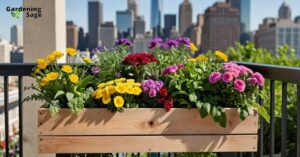 Wooden box garden on balcony with flowers, herbs, and vegetables, city skyline backdrop.