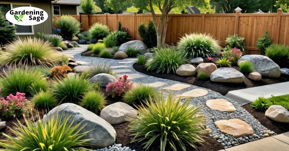Lush front yard landscaping with rocks, ornamental plants, and a winding stone path in sunlight.