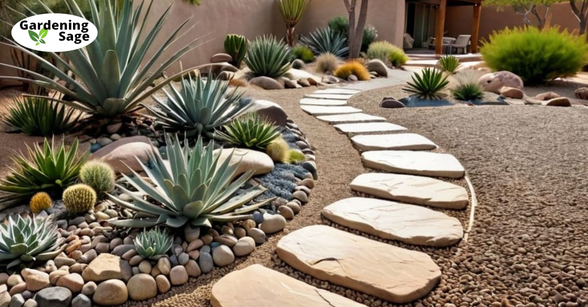 Winding stone path through a rock garden with desert plants in a landscaped front yard.