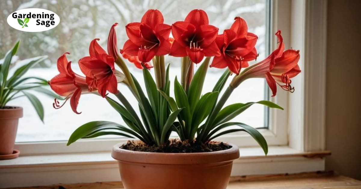 Amaryllis in bloom on a windowsill, showcasing planting amaryllis bulbs technique, with sunlight enhancing their red petals.