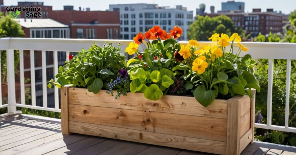Lush planter boxes on a balcony with basil, oregano, thyme, lettuce, and flowers, showcasing vibrant urban gardening.