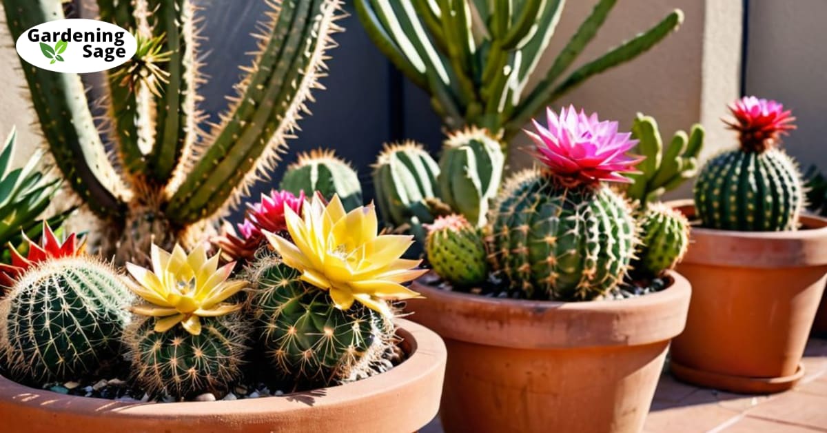 Vibrant cactus garden in terracotta pots on a sunny patio, featuring colorful flowers and desert plants in the background.