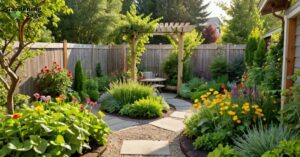Small garden with wooden picket fencing, vibrant flowers, vegetable beds, and whimsical decor.