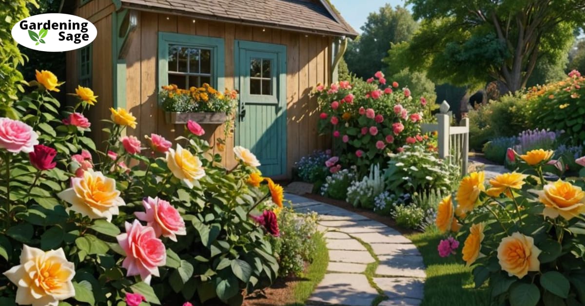 Sunlit flower garden with roses, lilies, and sunflowers along a path, ideal for garden ideas.