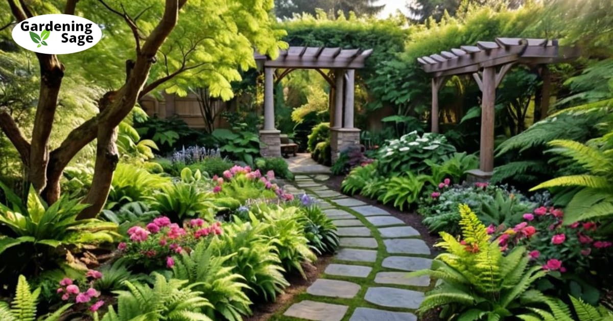 Sunlit backyard garden with flowers, leafy plants, and a vine-adorned arbor, showcasing gardening ideas.