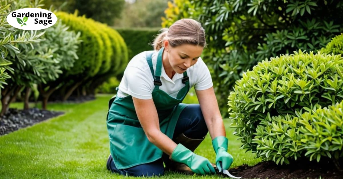 Gardener pruning leafy bushes, demonstrating how to prune plants in a serene garden.