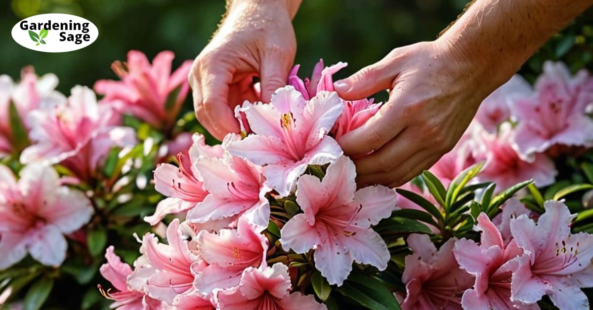 Hands cradle a pink azalea with a vibrant azalea garden backdrop, showing planting technique.
