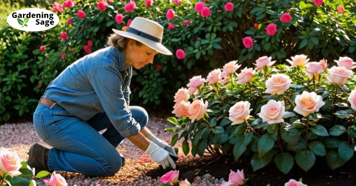 Gardener prunes pink roses in bloom, showing how to plant rose bushes, with morning light and colorful garden backdrop.