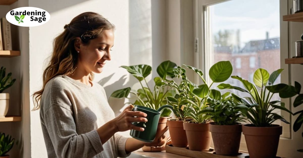 Woman watering plants in sunny living room, enjoying plant therapy.