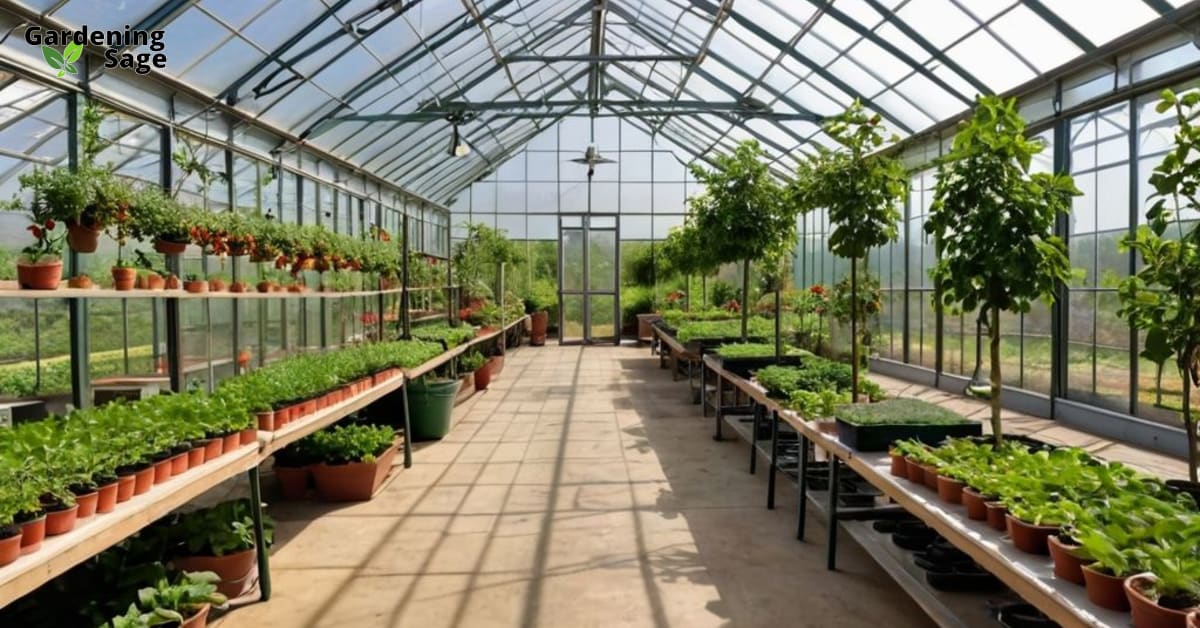 Lush greenhouse gardening scene with ripe tomatoes, colorful peppers, herbs, and citrus trees under sunlight.