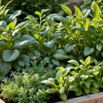Lush herb garden with basil, thyme, rosemary, and more thriving in raised beds, bathed in sunlight.