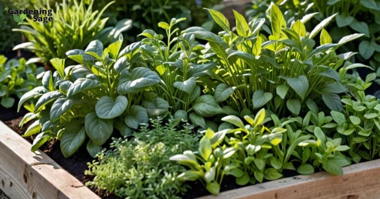 Lush herb garden with basil, thyme, rosemary, and more thriving in raised beds, bathed in sunlight.