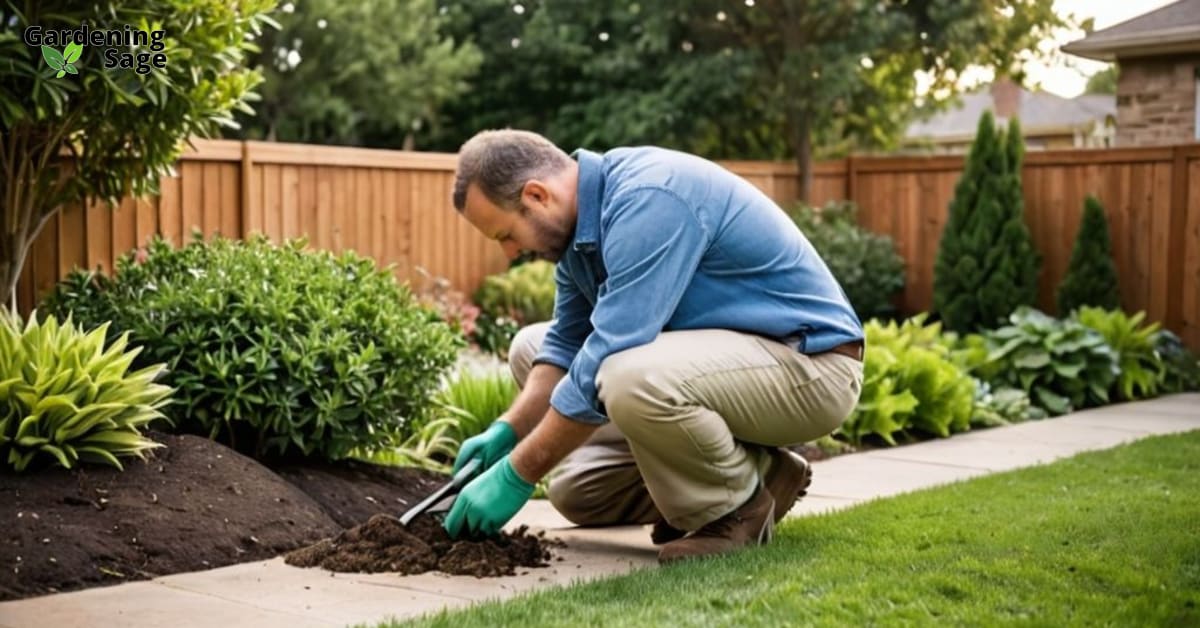 Landscape gardener assesses a yard for rejuvenation, analyzing soil and plants in sunlight.