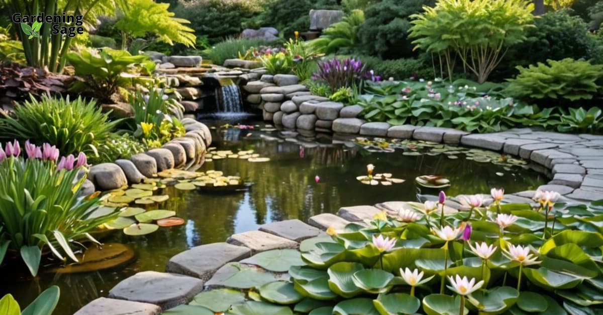 Tranquil water gardening scene with tiered pond, waterfall, and vibrant flowers under dappled sunlight.