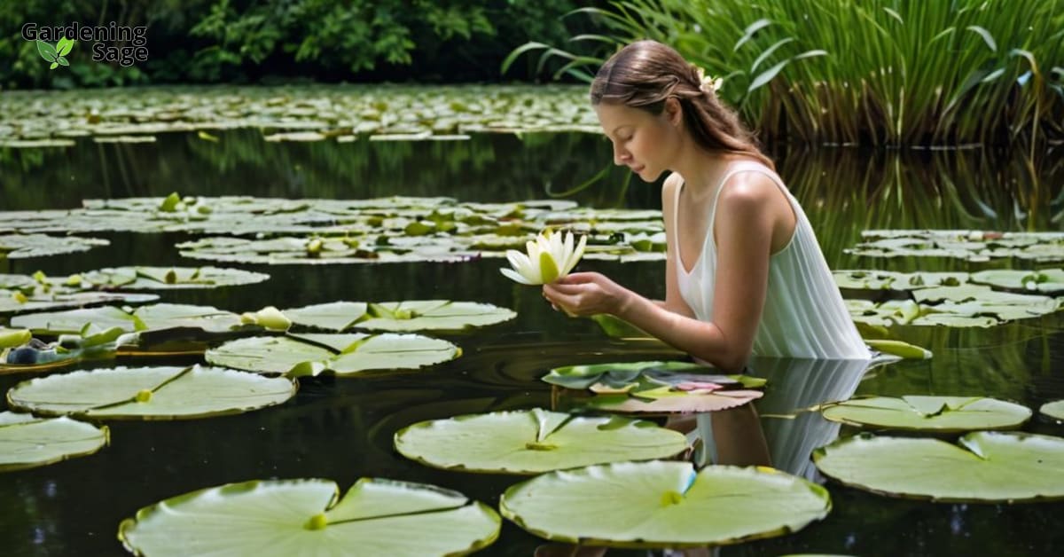 Woman gently placing a water lily in a pond at waterfront botanical gardens, surrounded by lush foliage.
