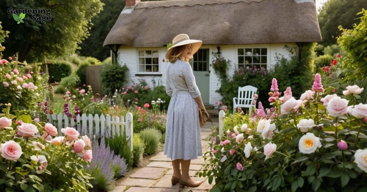 Woman tending to vibrant wonder gardens with English roses, lavender, and a quaint cottage backdrop.